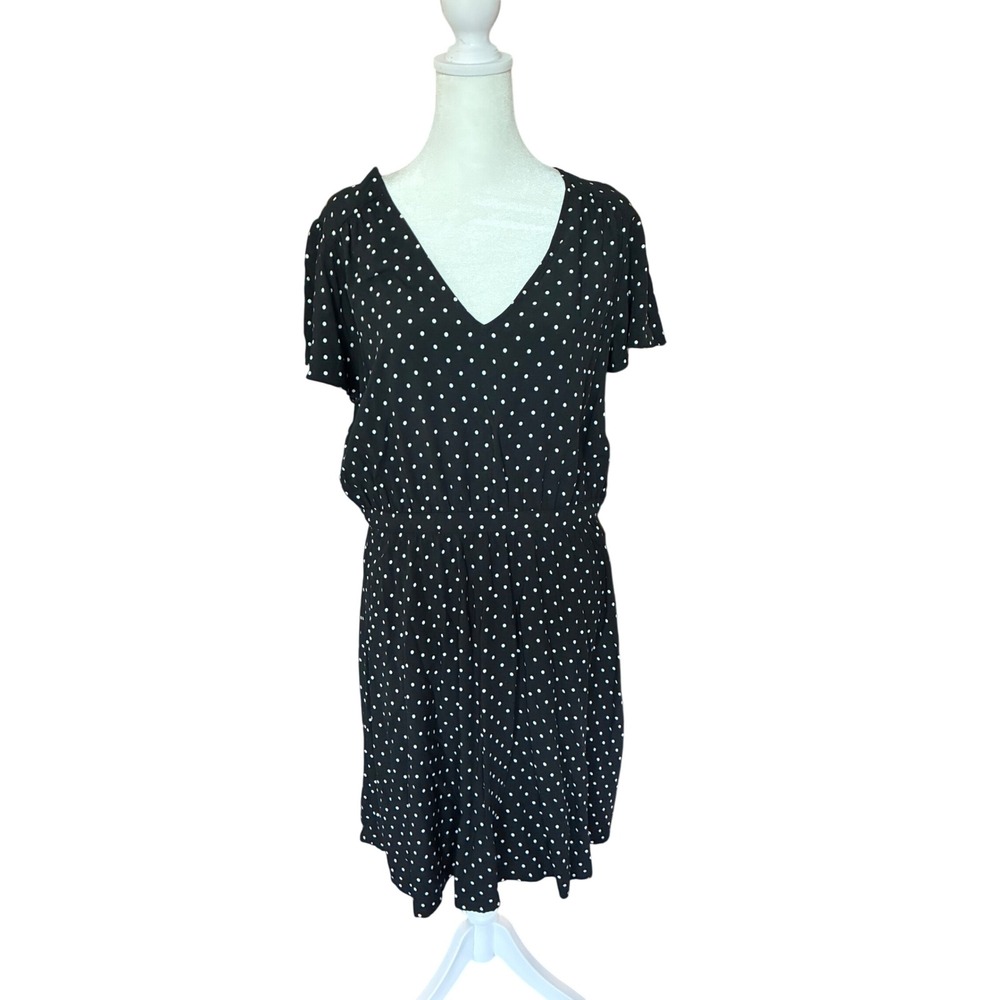 Old Navy Womens Polka Dot V-Neck Short Sleeve Waisted Mini Dress Black Large